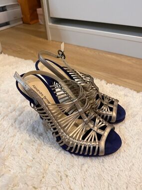 Alexandre Birman Gold Metallic and Navy Suede Strappy Slingback Heels